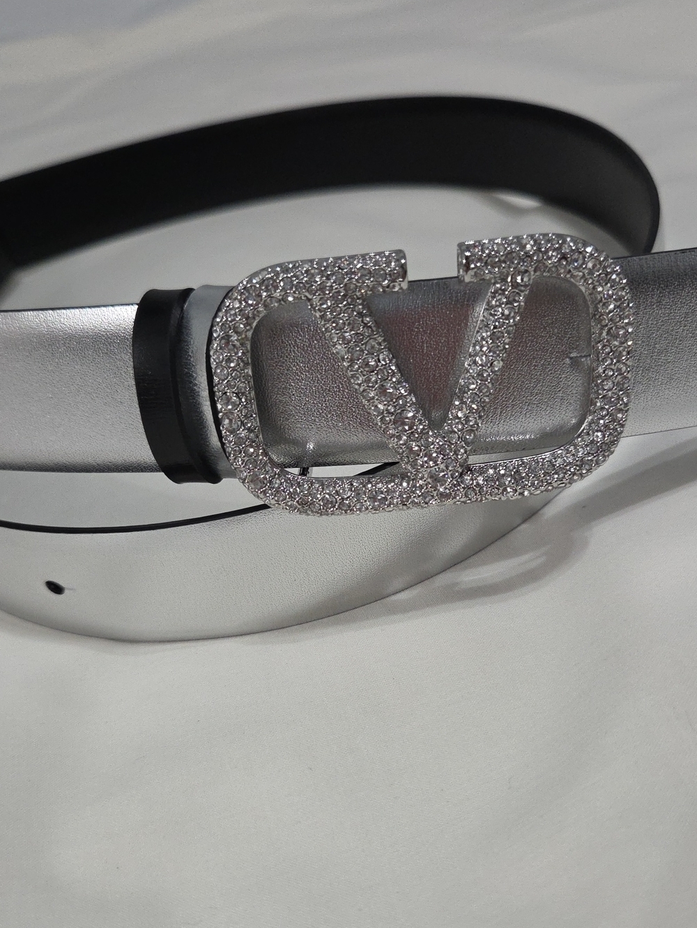 Valentino Silver Metallic Belt Crystal Logo Buckle Reversible